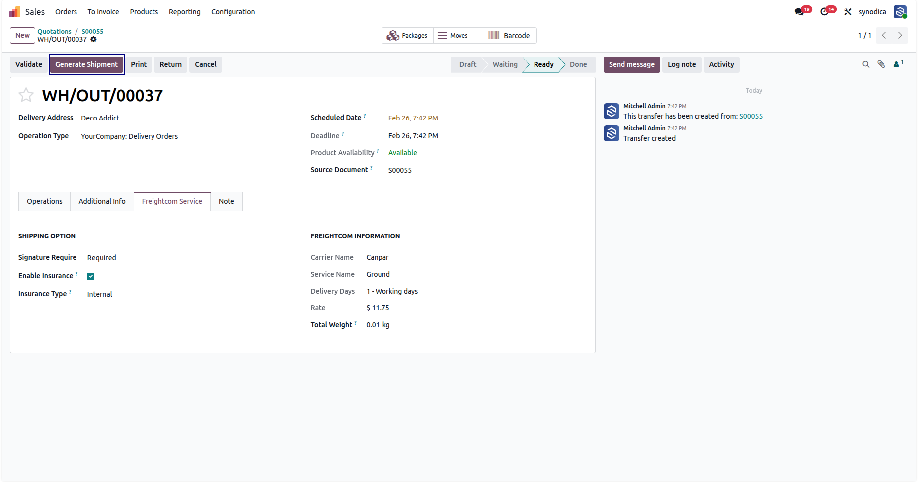 Generate Freightcom Shipment