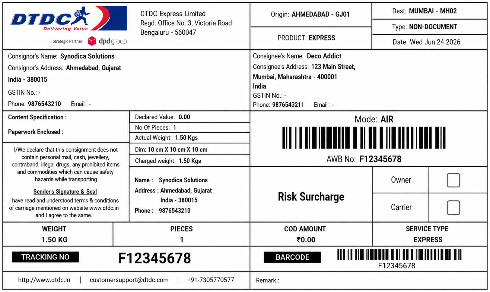 Generated Shipment Label
