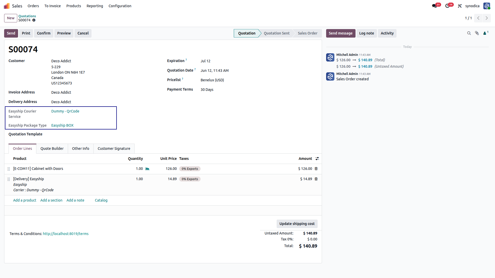 Easyship Service Detail on Sales Order