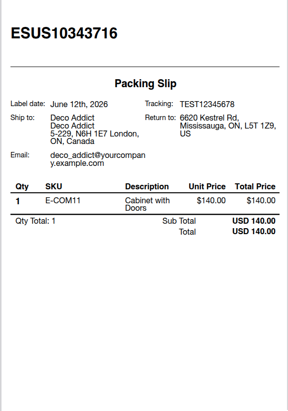 Generated Packing Slip Label