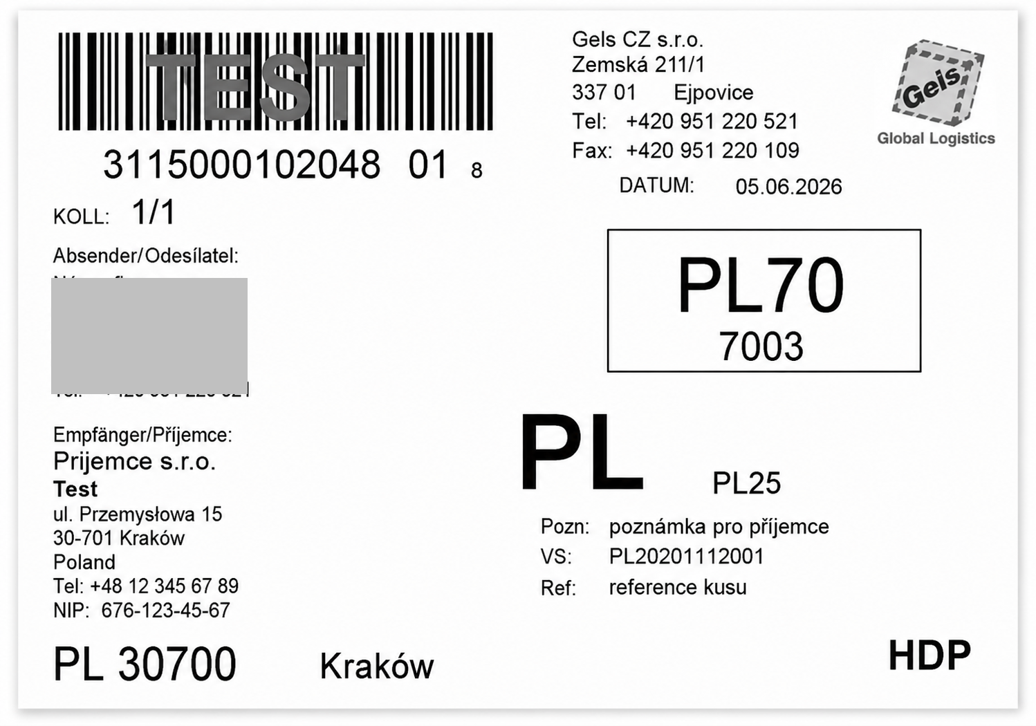 Generated Shipment Label