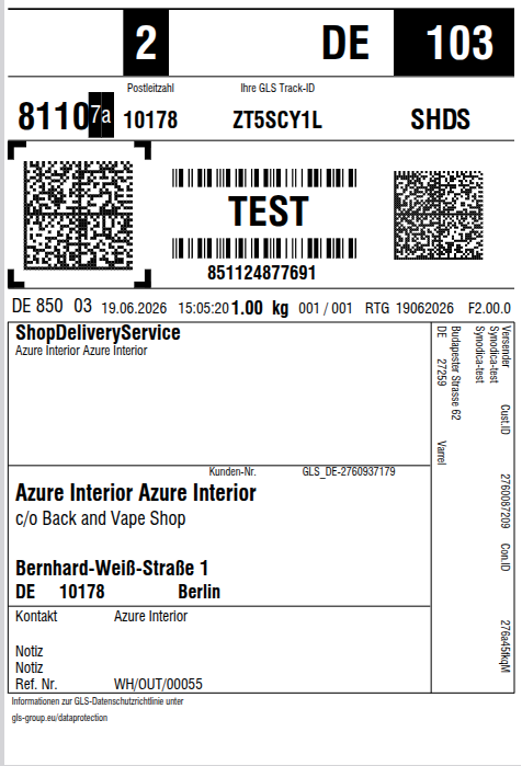 Generated GLS Shipment Label