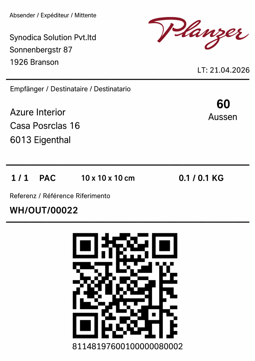 Generated Shipment Label