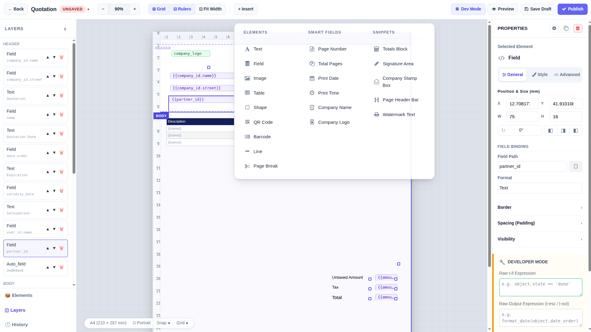 Structured Insert Elements & Snippets Dropdown