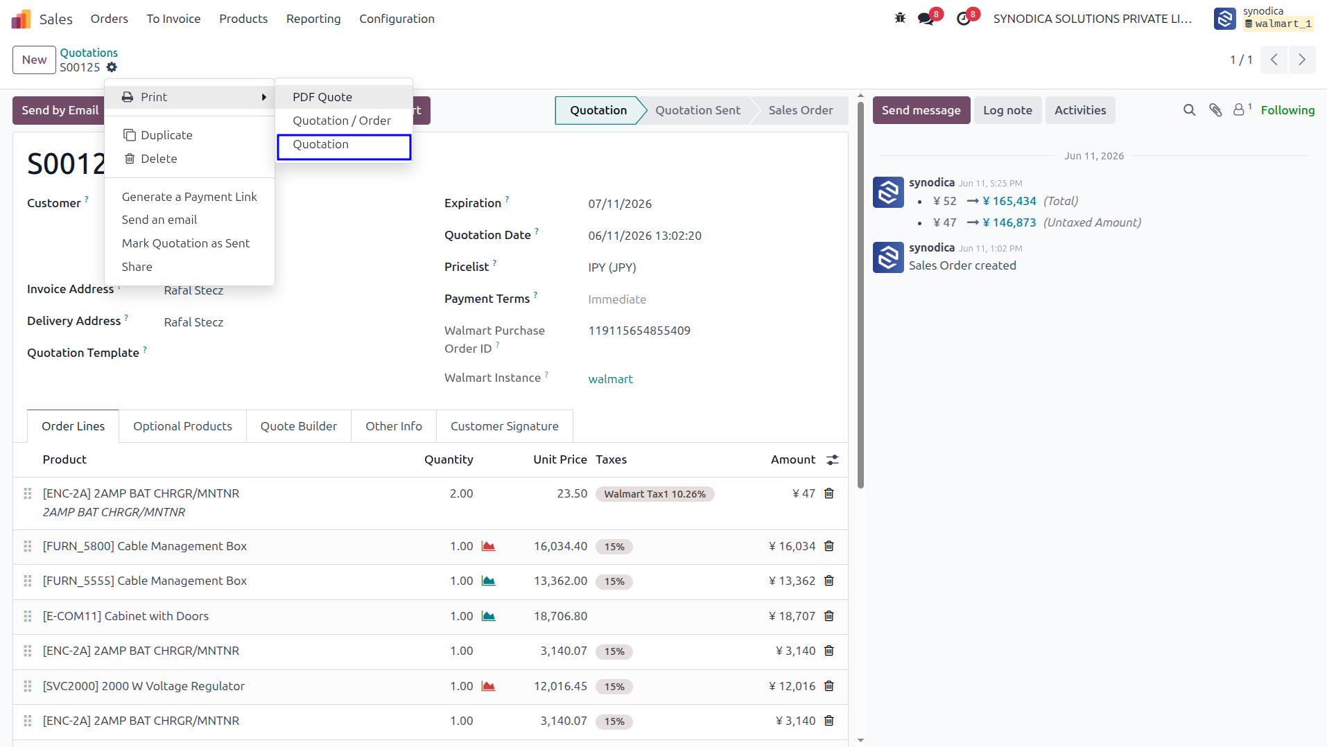 Odoo Native Quotation Print Dropdown Action