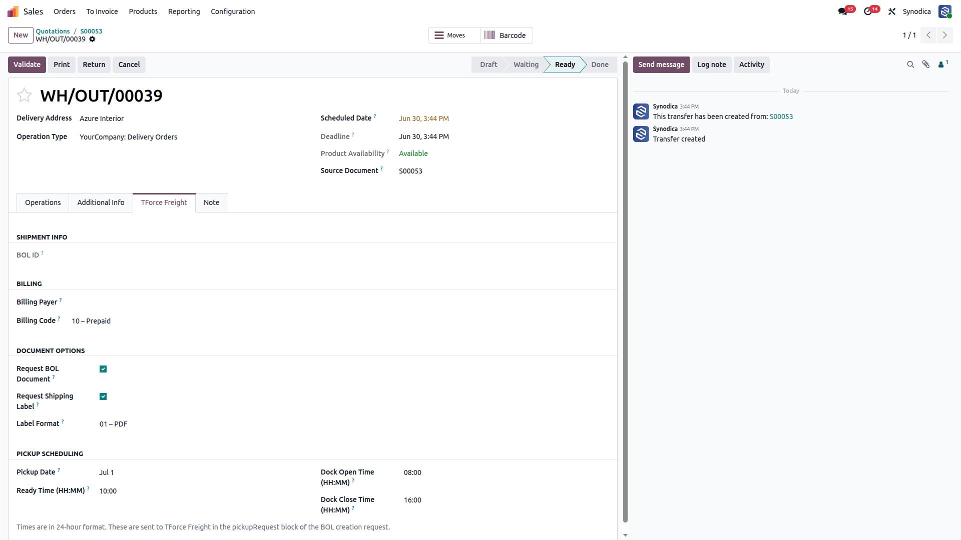 TForce Freight Shipping Details on Sales Order